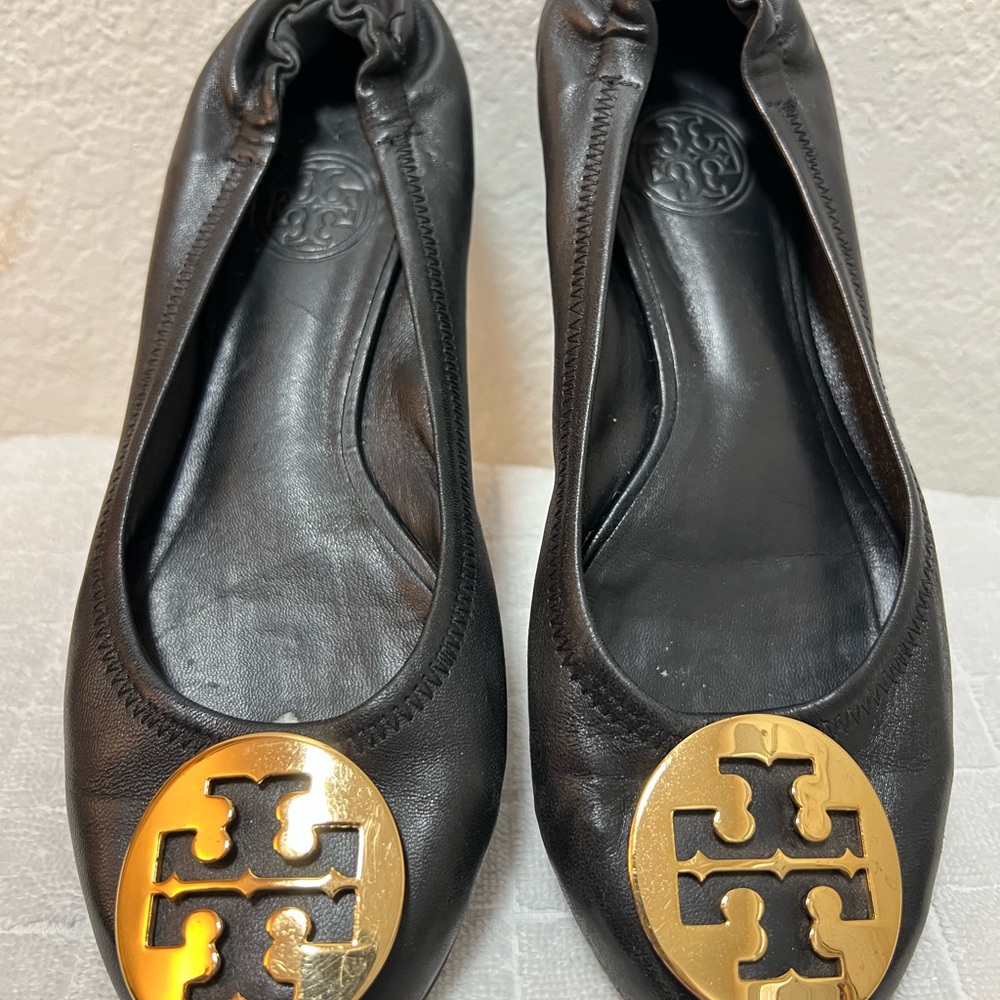 Tory Burch Black Flats with Gold Emblem